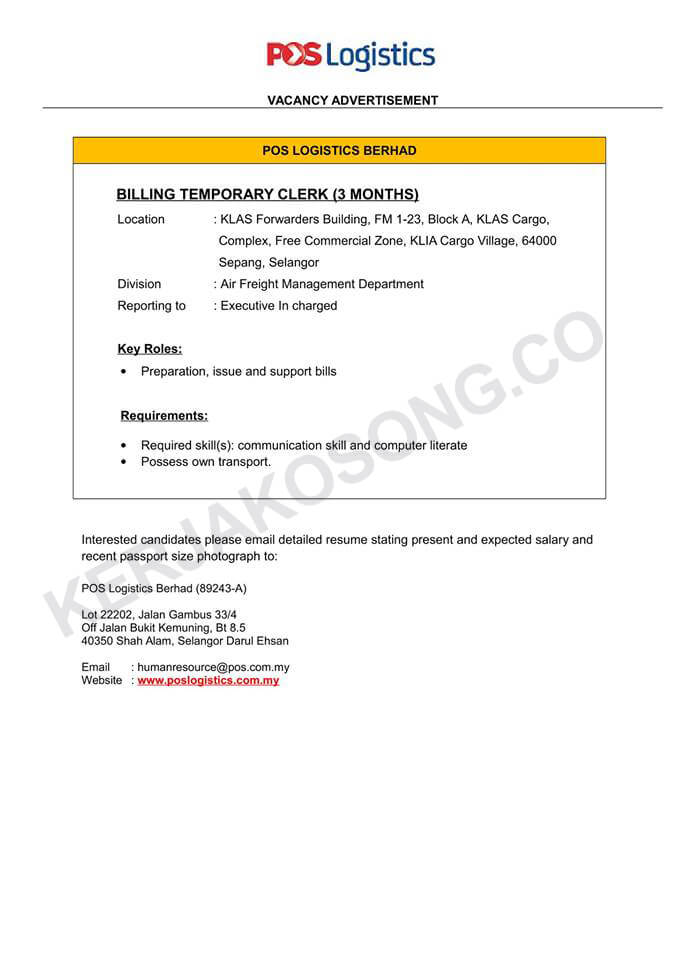 Jawatan Kosong Kerani Pos