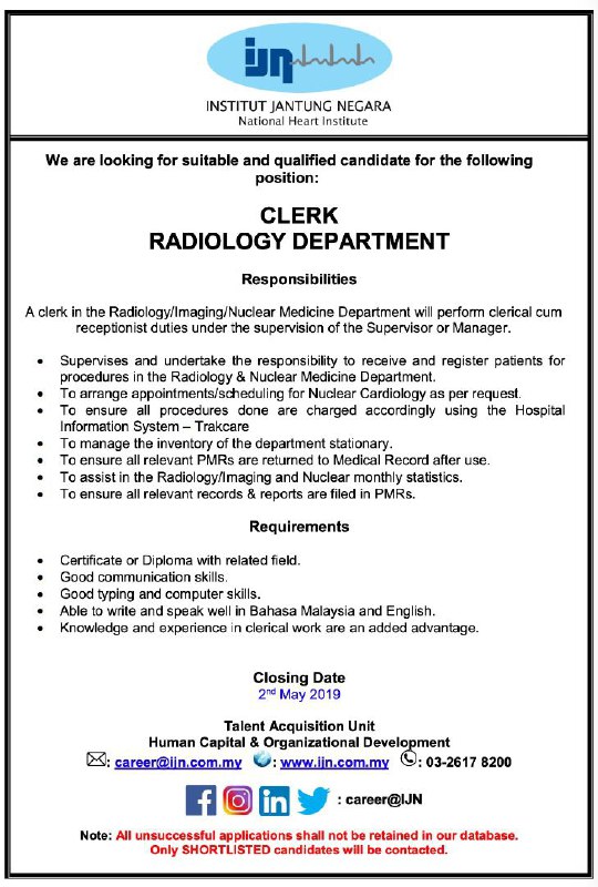 Jawatan Kosong di Institut Jantung Negara (IJN) 2019