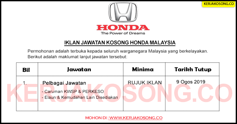 Jawatan Kosong Honda Malaysia Pelbagai Jawatan