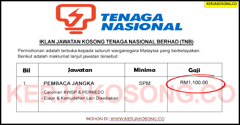 Jawatan Kosong Tenaga Nasional Berhad (TNB) - Pembaca Jangka