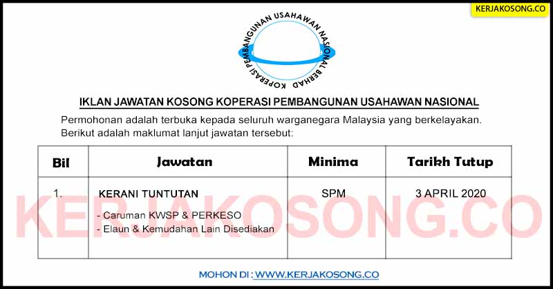 Jawatan Kosong Koperasi Pembangunan Usahawan Nasional