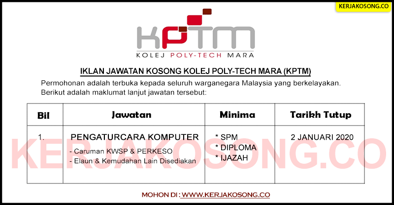 Jawatan Kosong Kolej Poly-Tech Mara (KPTM)