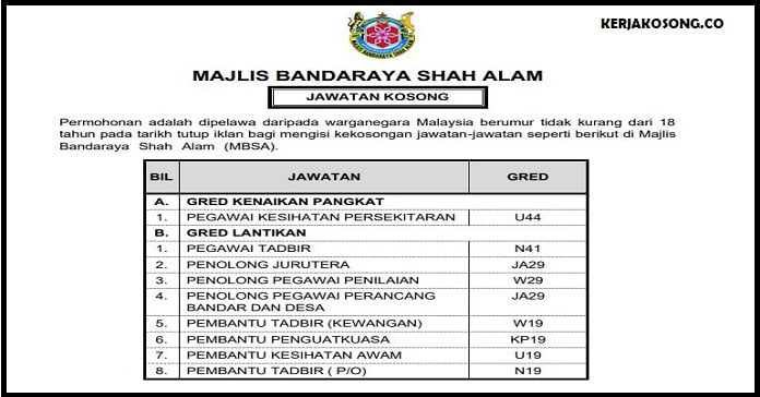 Jawatan Kosong Majlis Bandaraya Shah Alam (MBSA)