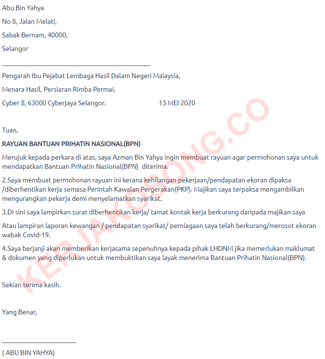 Contoh Surat Rasmi Rayuan Bsh