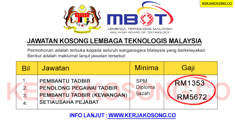 jawatan kosong lembaga teknologis malaysia mbot
