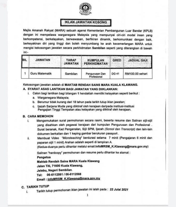 iklan jawatan kosong guru mara mrsm kplb